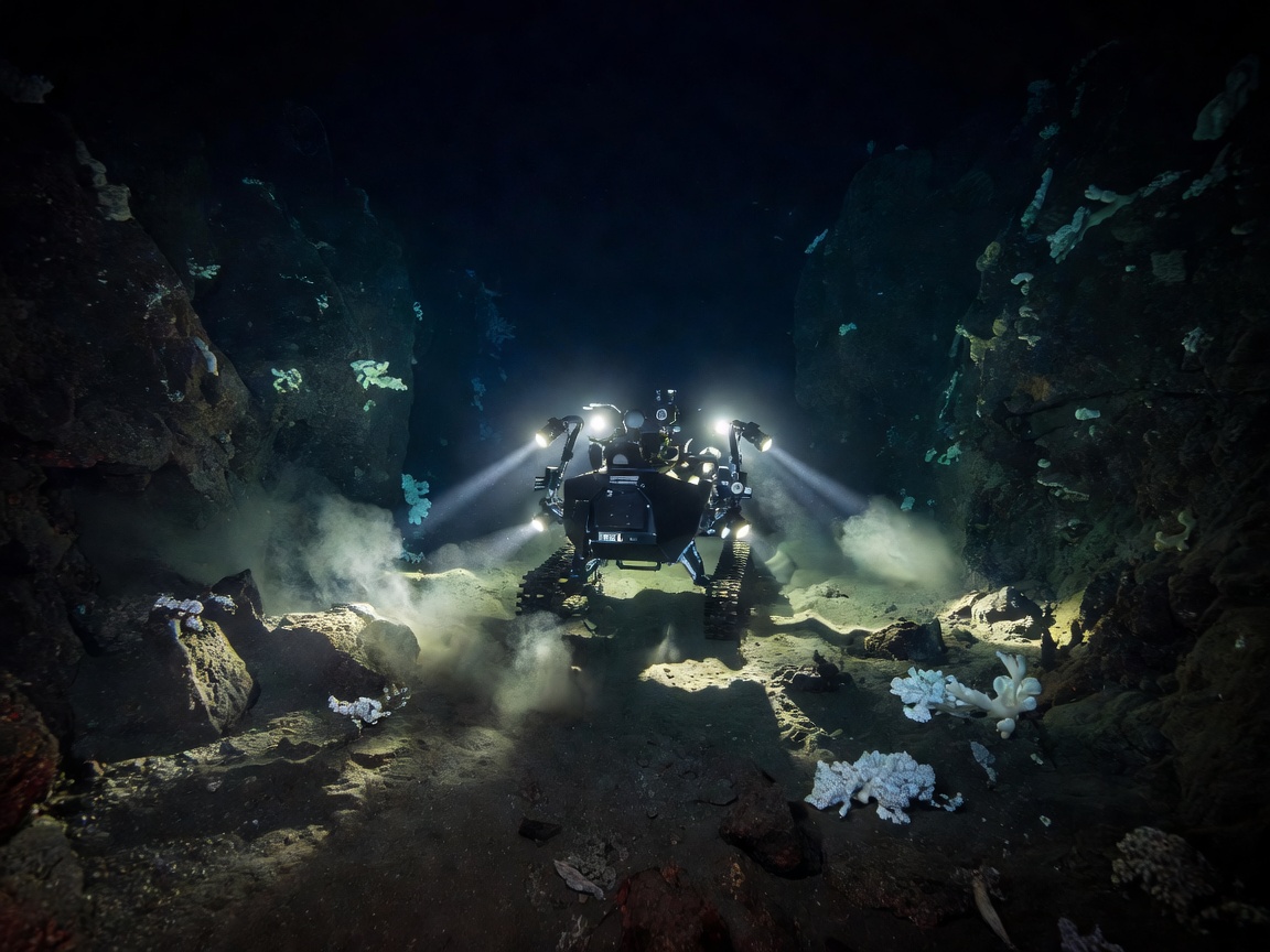 Autonomous subsea searchlight vehicle exploring deep ocean trench floor