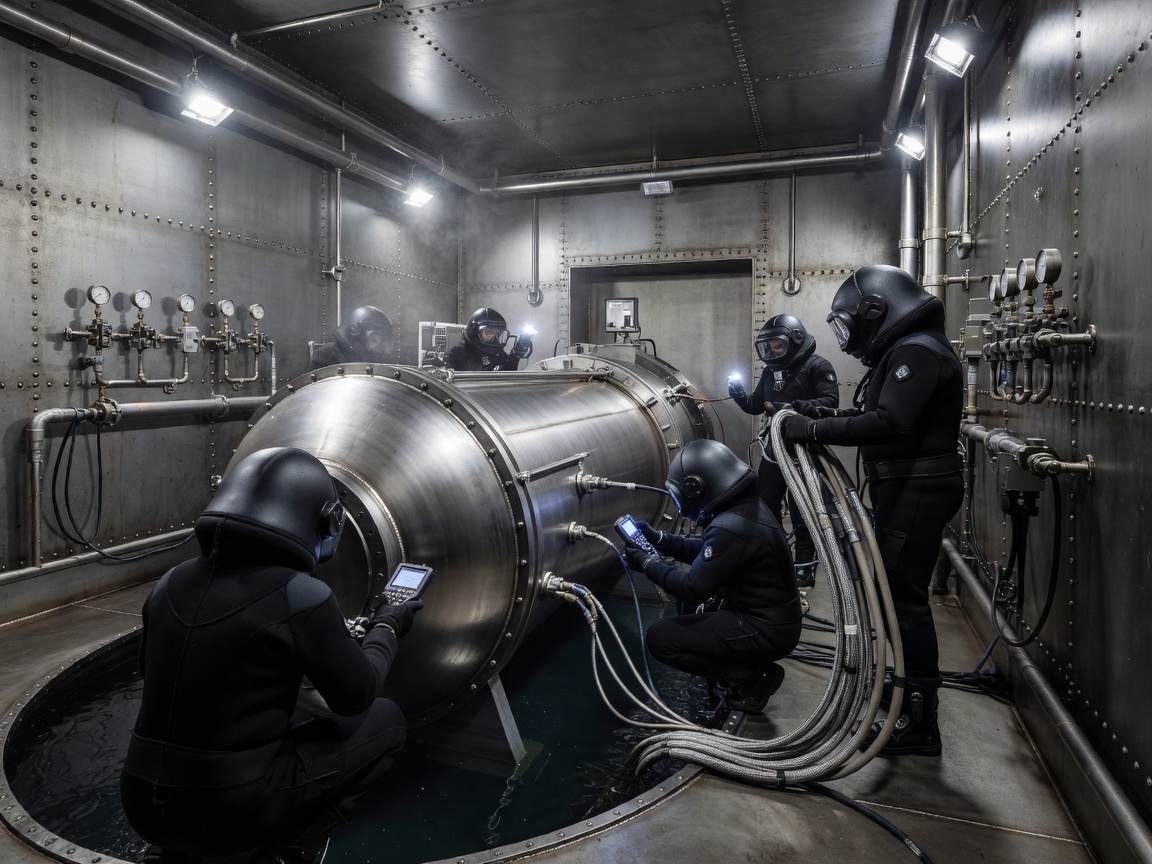 Deep ocean hyperbaric test chamber inspecting titanium subsea hardware