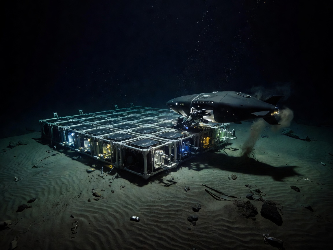 Subsea docking station grid anchored on deep ocean seabed floor with robotic vehicle docking