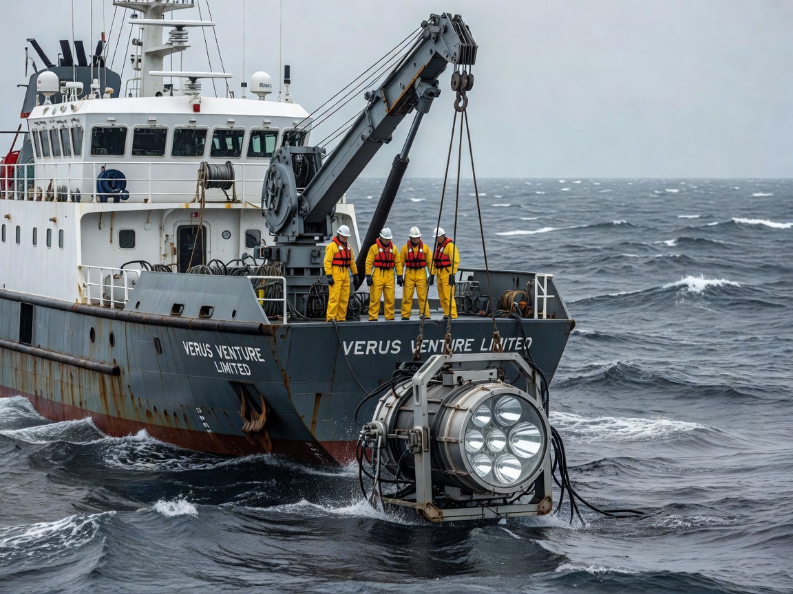  oceanographic vessel deploying subsea searchlight hardware at sea